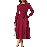 ECOWISH Womens Midi Dress 2025 Fall Long Sleeve Tie Waist Elegant Work Party Cocktail A Line Flowy Dresses with Pockets