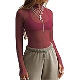 Ahtyeo Womens Mesh Long Sleeve Tops Mock Neck Sexy See Through Tee Shirts Party Club Night Lace Sheer Layering Blouse