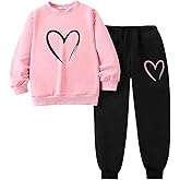 EDFTM Girls Clothes Sweatsuits 2 Piece Heart Print Workout Hoodie and Sweatpants Fall Winter Outfits Set 4-12 Years