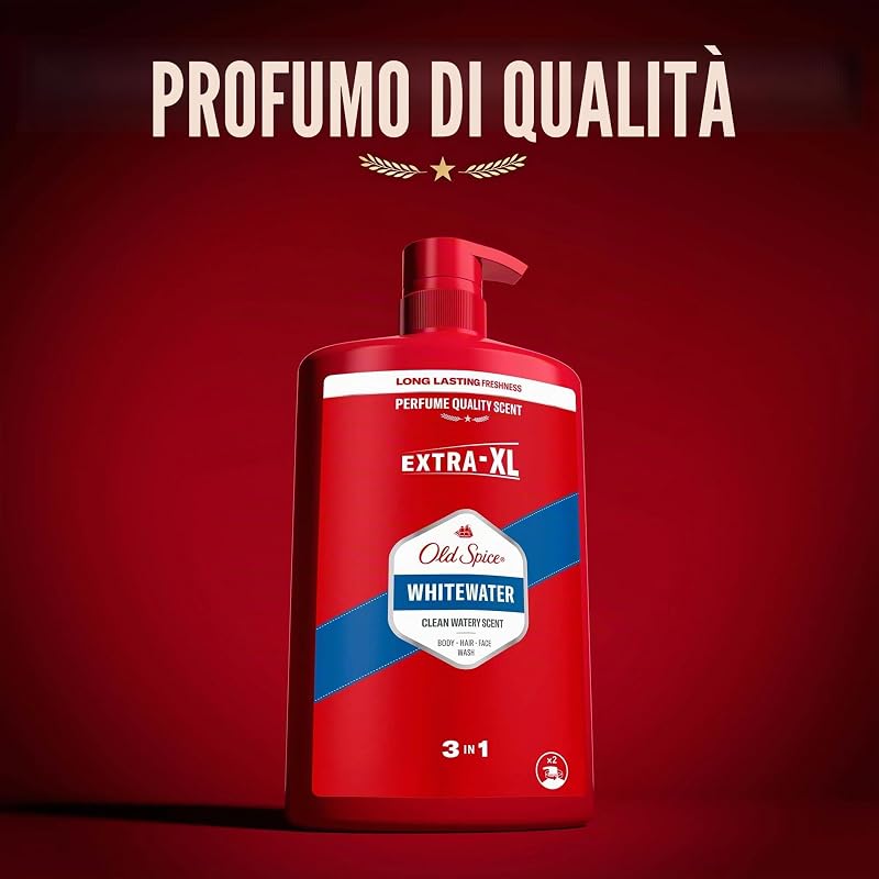 Whitewater 3 in 1 gel doccia e shampoo da uomo, 1 l, profumo fresco di lunga durata, qualità profumata, pulizia profonda per capelli e viso, sensazione delicata sulla pelle