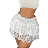 SHENHE Women's Floral Lace Mini Skirt Y2k Low Waist Ruffle Hem Fairycore Layered Skirt