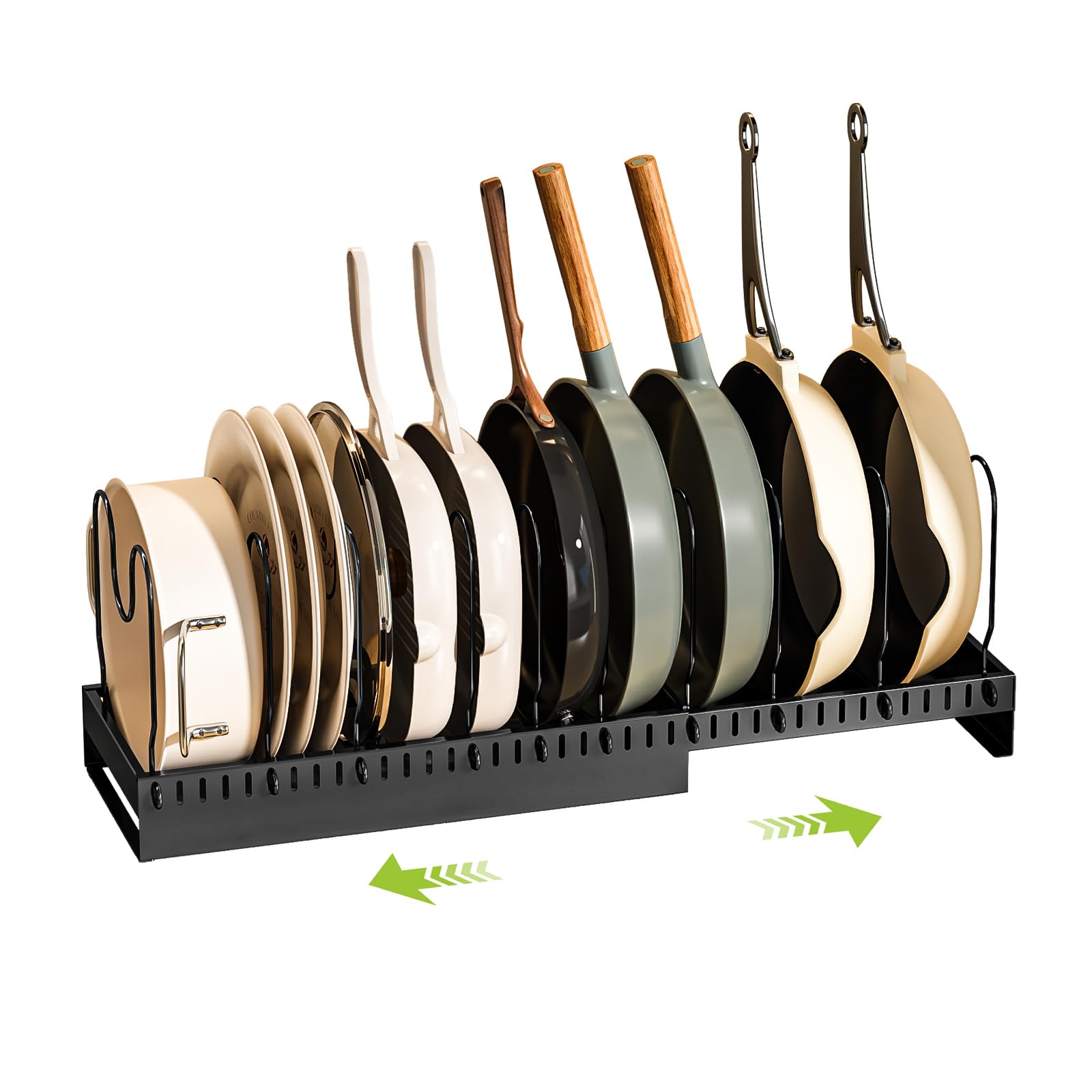 Photo 1 of Fovkdcvw Pots and Pans Organizer Under Cabinet with Drain Board, Expandable Pot Lid Organizer inside Cabinet Holder with 10 Adjustable Compartment, Rack for Cutting Board, Sheet Pan, Cookware, Black