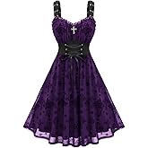 ROSE GAL Women Plus Size Gothic Cross Mesh Overlay Lace Panel Ruffles Midi Dress Vinatge Goth Dress