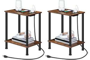 HOOBRO Side Table with Charging Station, Set of 2 End Tables with USB Port and Outlets, Nightstand with 2-Layer Storage Shelves for Small Spaces, Living Room, Bedroom, Rustic Brown BF09UBZP201