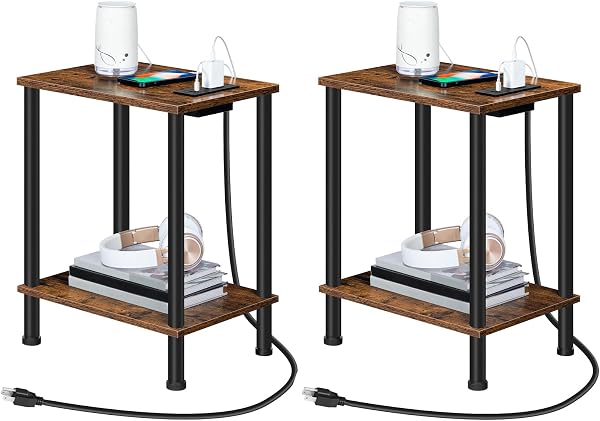 HOOBRO Side Table with Charging Station, Set of 2 End Tables with USB Port and Outlets, Nightstand with 2-Layer Storage Shelv