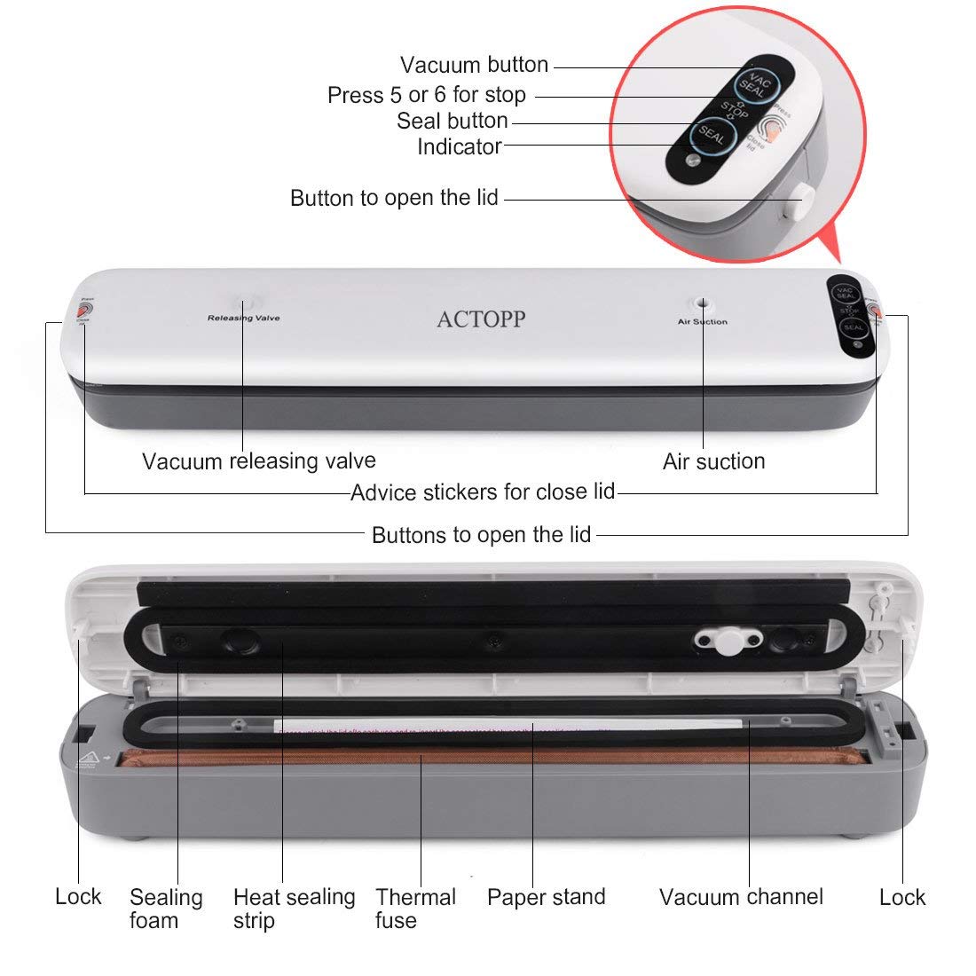 ACTOPP Machine sous Vide Alimentaire Appareil Mise sous Vide Alimentaire Professionel Emballeuse sous Vide Portable pour Conserver les Aliments Viandes, Poisson, Légumes, et Fruits, Food Saver avec 5 Packs Sac d\'Emballage