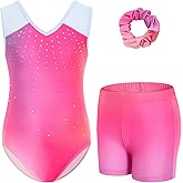 Gogokids Girls Gymnastics Leotard Set with Shorts, Sparkly Rhinestone Gradient Mesh Dance Outfit for Ballet Training 3-12Y