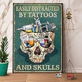 Vintage Skull & Tattoo Poster Metal Sign Easily Distracted By Tattoos And Skulls Tin Signs Retro Plaque Wall Decor Gift For Home Kitchen Office Club Bar Gym 8x12 Inch