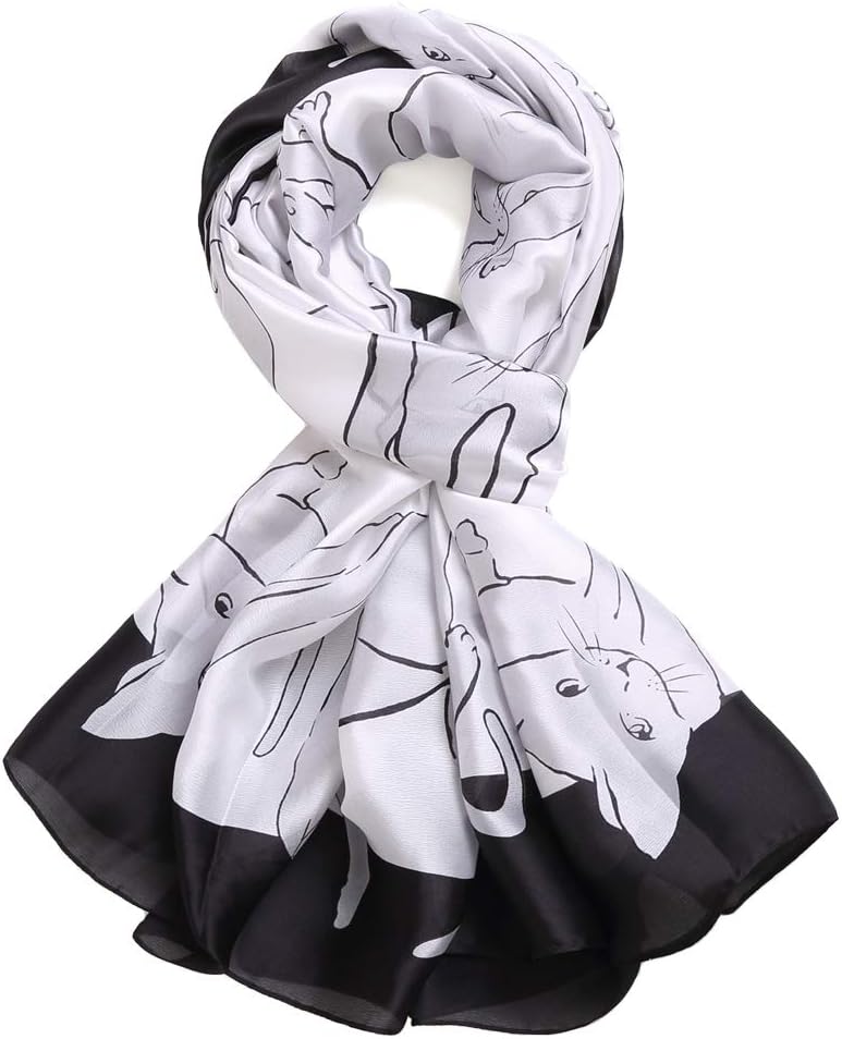 Silk Like Scarf Large Satin Headscarf Fashion Cat Wrap Neck Scarves for Women White