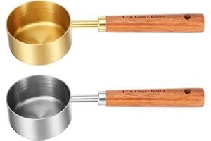 2 PCS Stainless Steel Measuring Cups with Wooden Handle, 1/4 Cup Scoop Metal Measuring Spoons and Cups 60 ML Dog Food Measuri