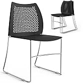 VINGLI 4 Pack Plastic Stacking Chairs, Stackable Office Chairs, Black | Stackable Office Chair with Metal Sled Base, Ergonomic Plastic Seat &amp; Holes Back, Multiple Use for Waiting Break Room Banquet