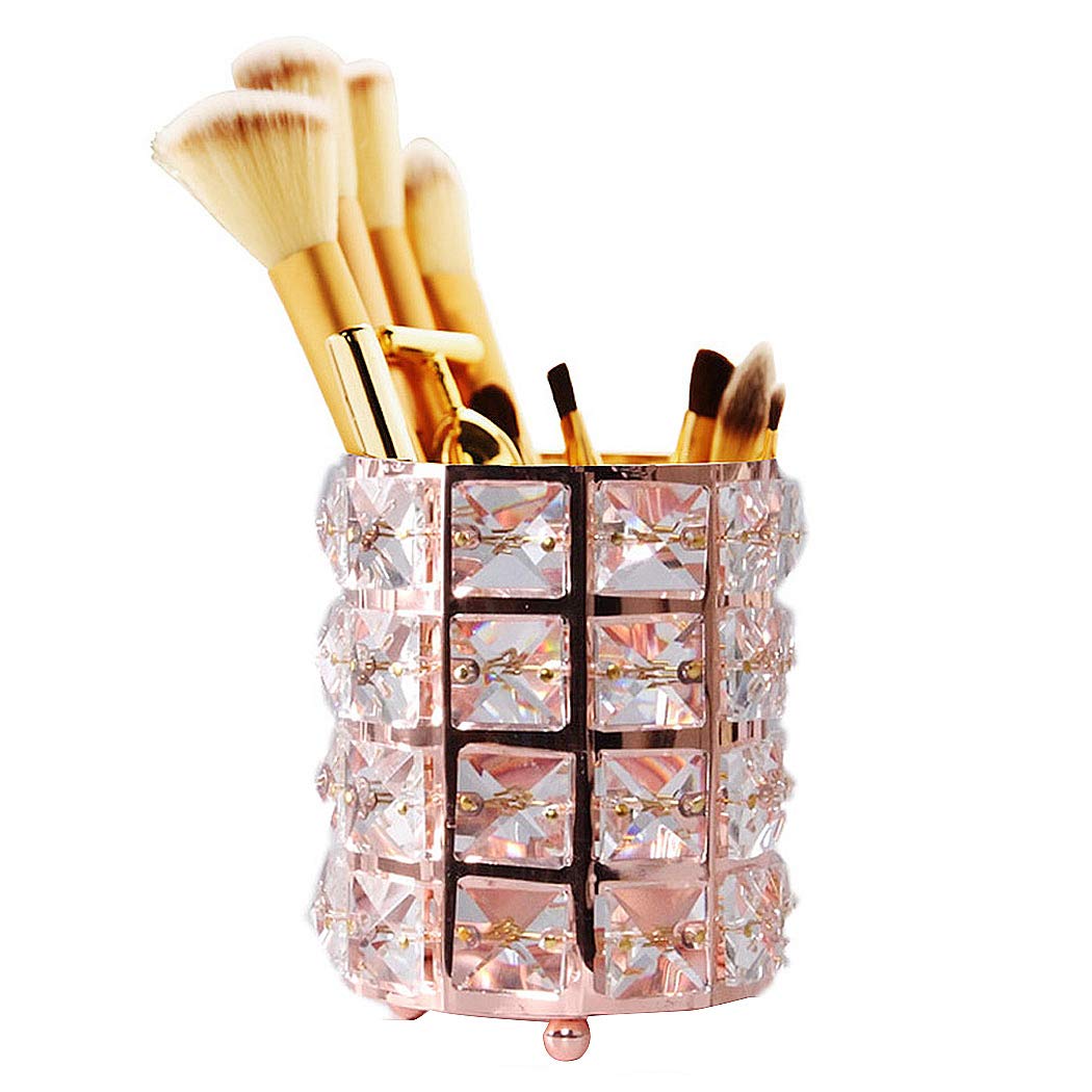 SIPLIV Makeup Brush Holders Pen Holder Handcrafted Crystal Eyebrow Pencil Pen Collection Cosmetic Storage for Vanity Bathroom Office Desk Organizer - Rose Gold