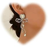 Eviarli Boho Crystal Heart Earrings Long Bow Dangle Earrings Silver Bow Drop Earrings Rhinestone Heart Dangling Earrings Sparkly Bridal Wedding Earrings Jewelry for Women