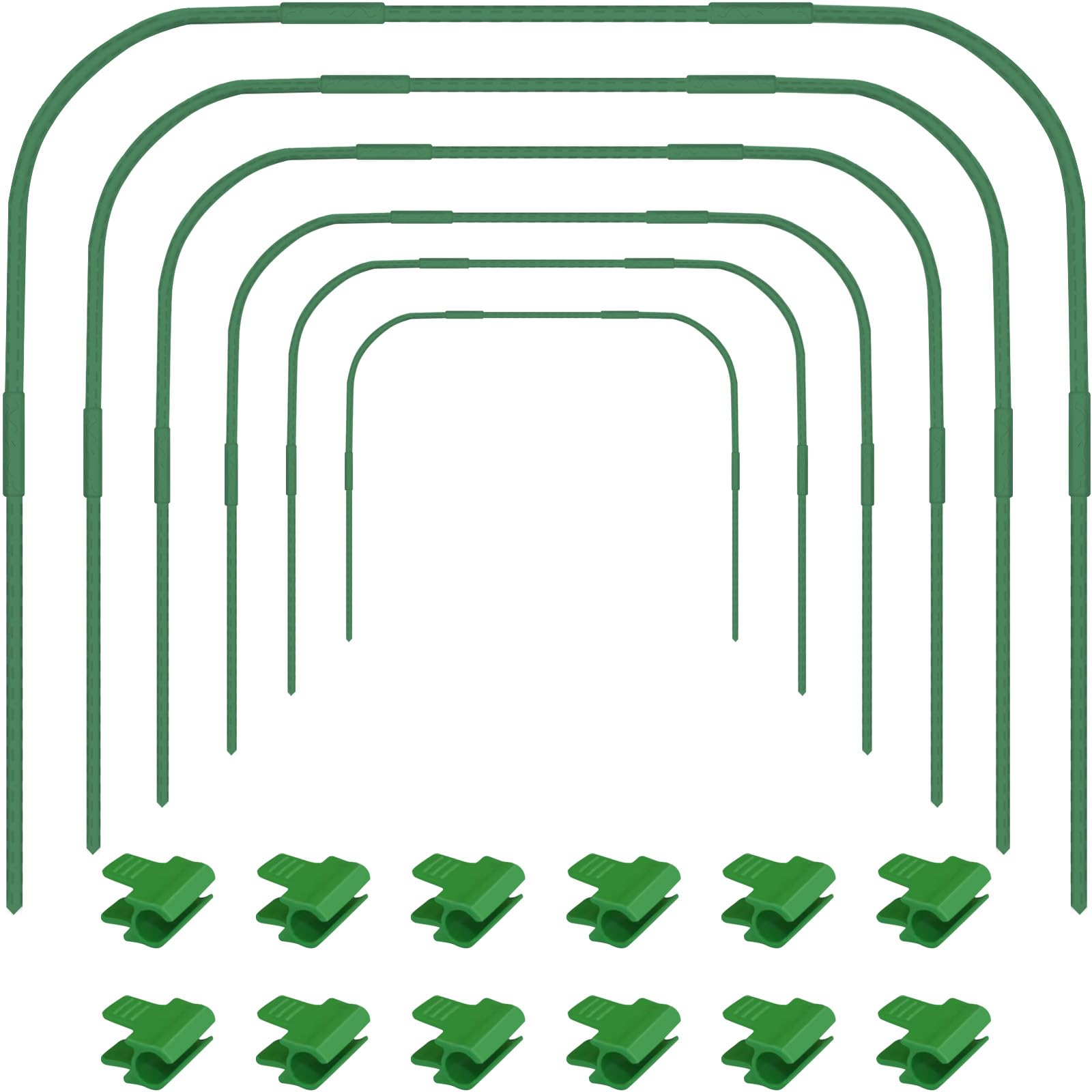 6 Pack Greenhouse Hoops, 86 x 110 cm Garden Hoops with Detachable Stakes, 12Pcs Greenhouse Clamps, Tall Plant Grow Tunnel Hoop, Rust-Free Grow Tunnel, Support Hoops for Garden Fabric, Diameter 11 mm
