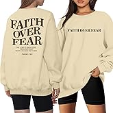 Teyseev Oversized Christian Sweatshirt Women Faith Over Fear Sweater Christian Religious Sayings Pullover Long Sleeve Shirt