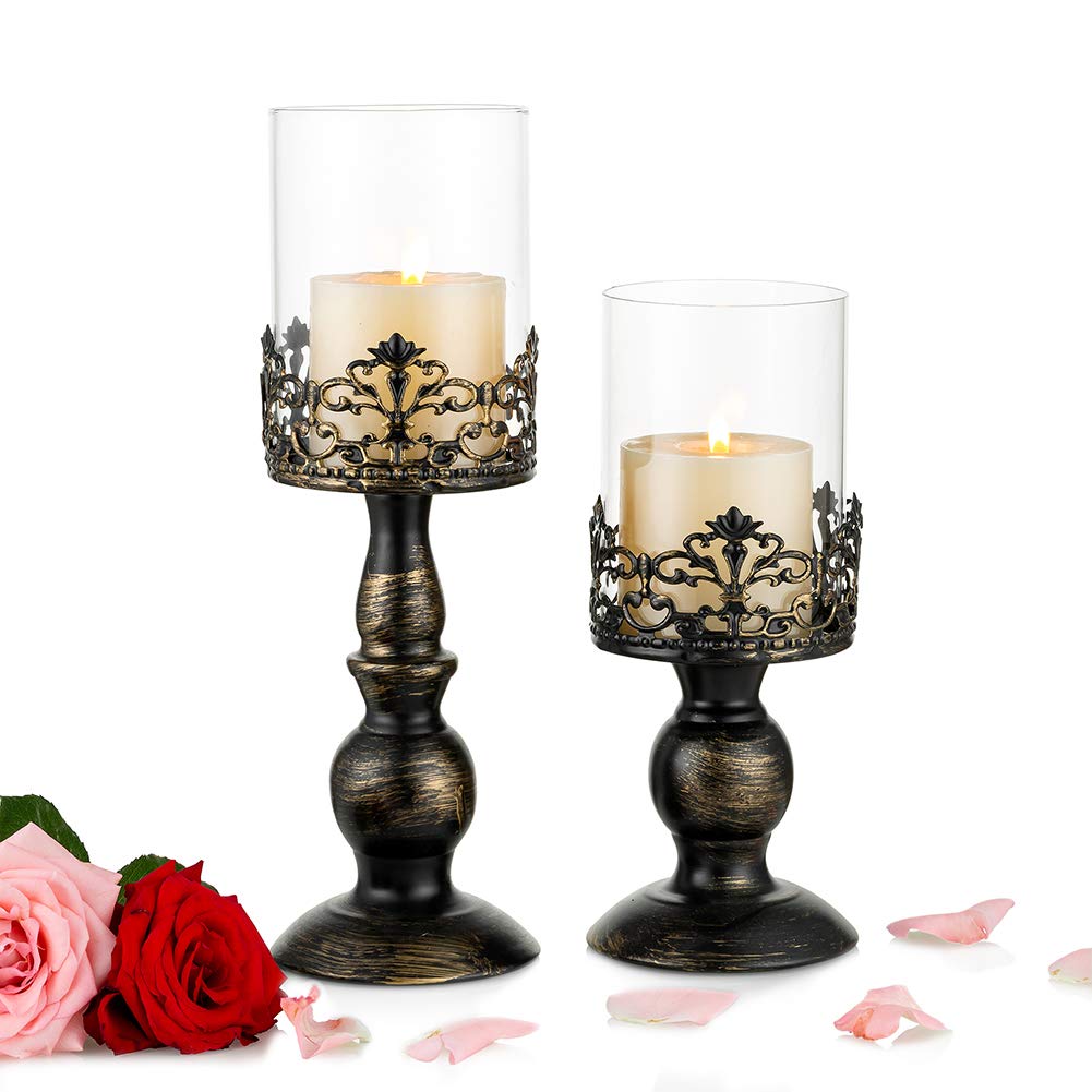 NUPTIO Set of 2 Candle Holders for Pillar Candles with Glass Cover, Antique Metal Hurricane Candlestick Perfect for Christmas Halloween Home Wedding Party Fireplace Dining Table Centrepiece Decor