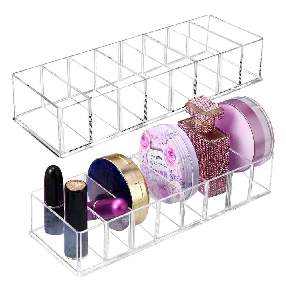 EUIEUT 2 Pcs Detachable Makeup Organiser 8 Compartments Acrylic Cosmetic Storage Tray Clear Drawer Organizers Case Desk Jewelry Display for Eyeshadow Cosmetic Lipstick Nail Polish