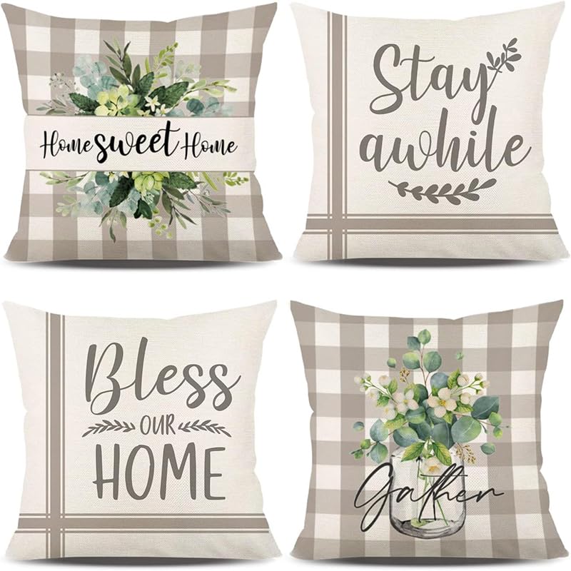 BAOKU Decorative Cushion Cover, 45 x 45 cm Set of 4 gray checkered Pattern Linen Pillowcase 18 x 18 inches for Sofa Couch Bed Home Garden Outdoor Spring Decor