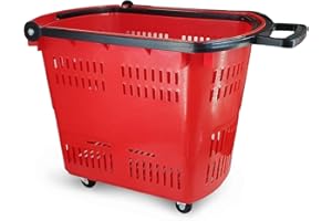 45L PRO-KITCHEN Shopping Basket, Red Shopping Rolling Cart with Handle, Sturdy and Durable Plastic Basket with Wheels, Large 