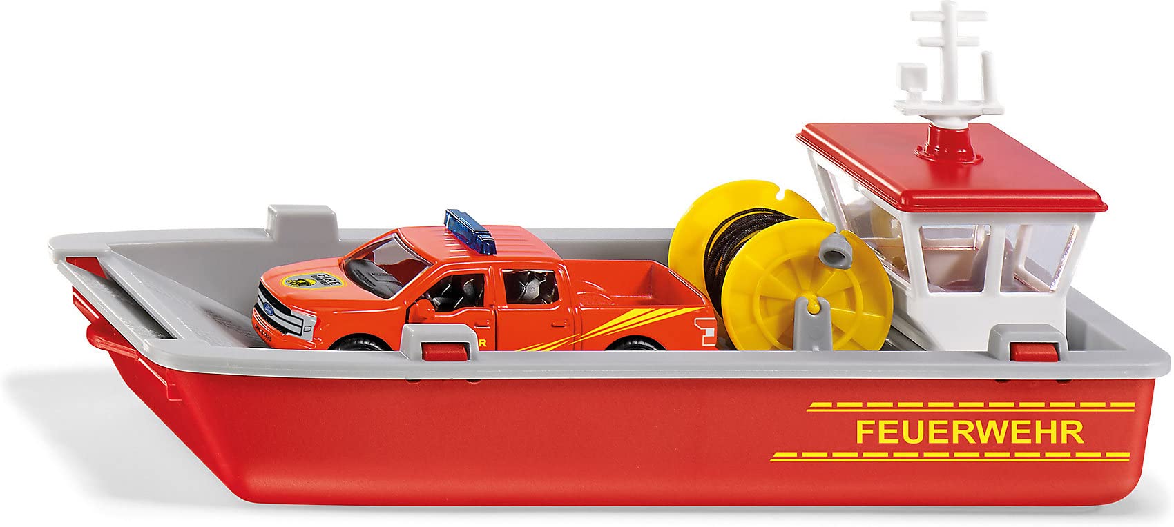 siku 2117, Fire Brigade Workboat, 1:50, Metal,Plastic, Red,Yellow, Incl. Ford F150 Pick-Up and Sticker Sheet