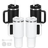4 Pack 40 Oz Tumblers with Handle Bulk, Double Wall Vacuum Insulated Stainless Steel Tumblers with Lid and Straw, 40 oz Cups with Silicone Spill Proof Stopper Set (Black-2,White-2)