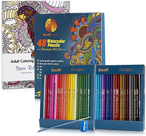 48 Watercolor Pencils with Adult Coloring Book Blending Brush and Pencil Sharpener - A Complete Coloring Kit - Color Names Printed On Pencils
