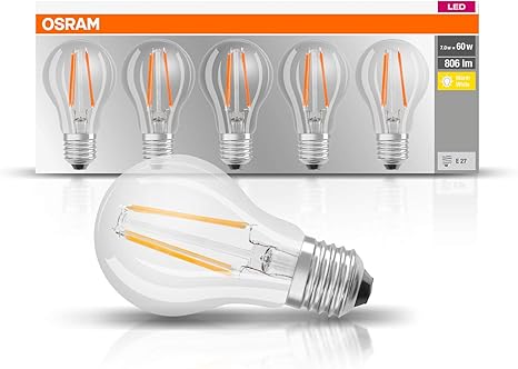 Osram Led Base Classic A Lampe Sockel E27 Warm White 2700 K 7 W Ersatz Fur 60 W Gluhbirne Klar 5er Packung Amazon De Beleuchtung