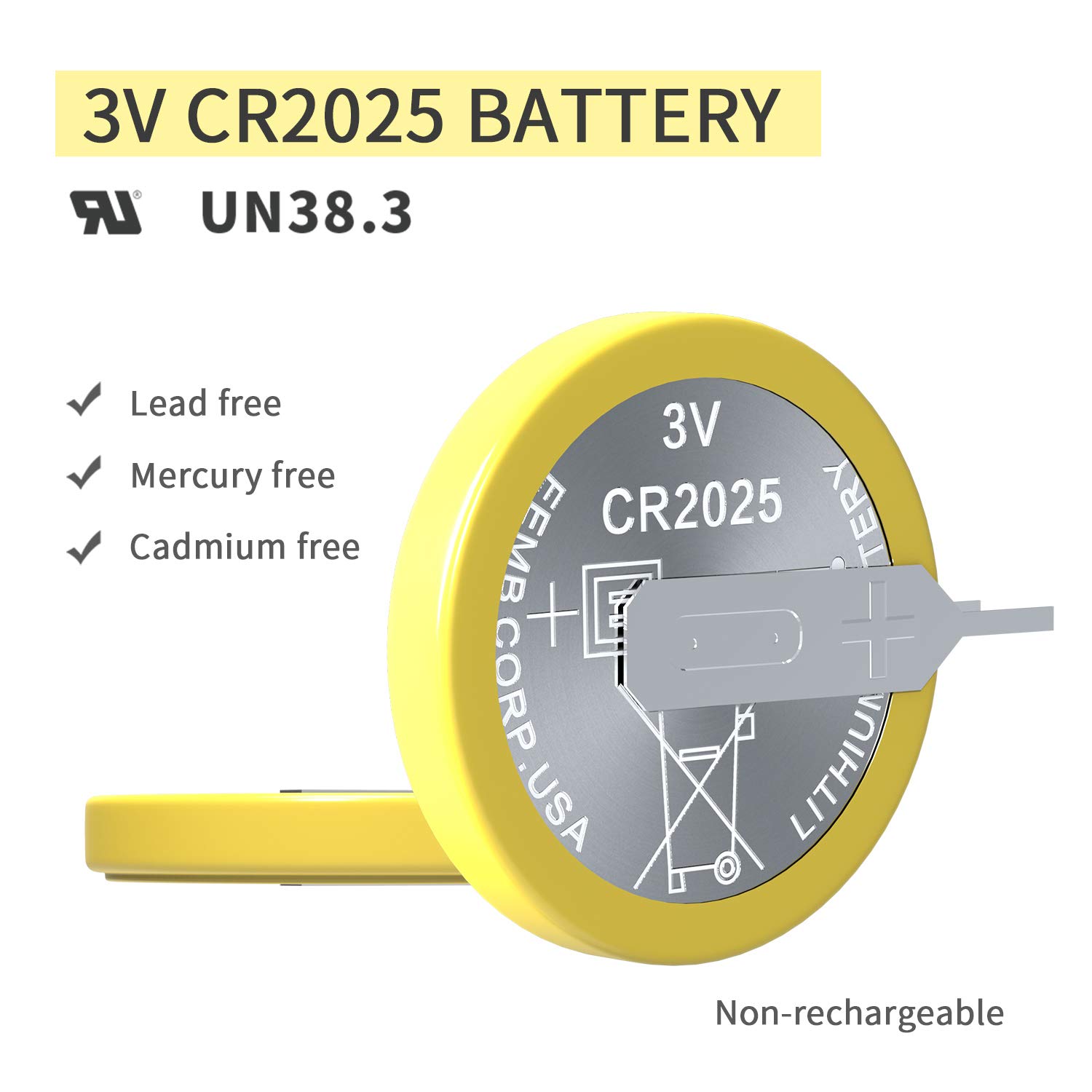 EEMB 10-Pack Tabbed CR2025 3V Lithium Coin Batteries Solder Tabs - Tabbed Replacement Battery, UL Certified
