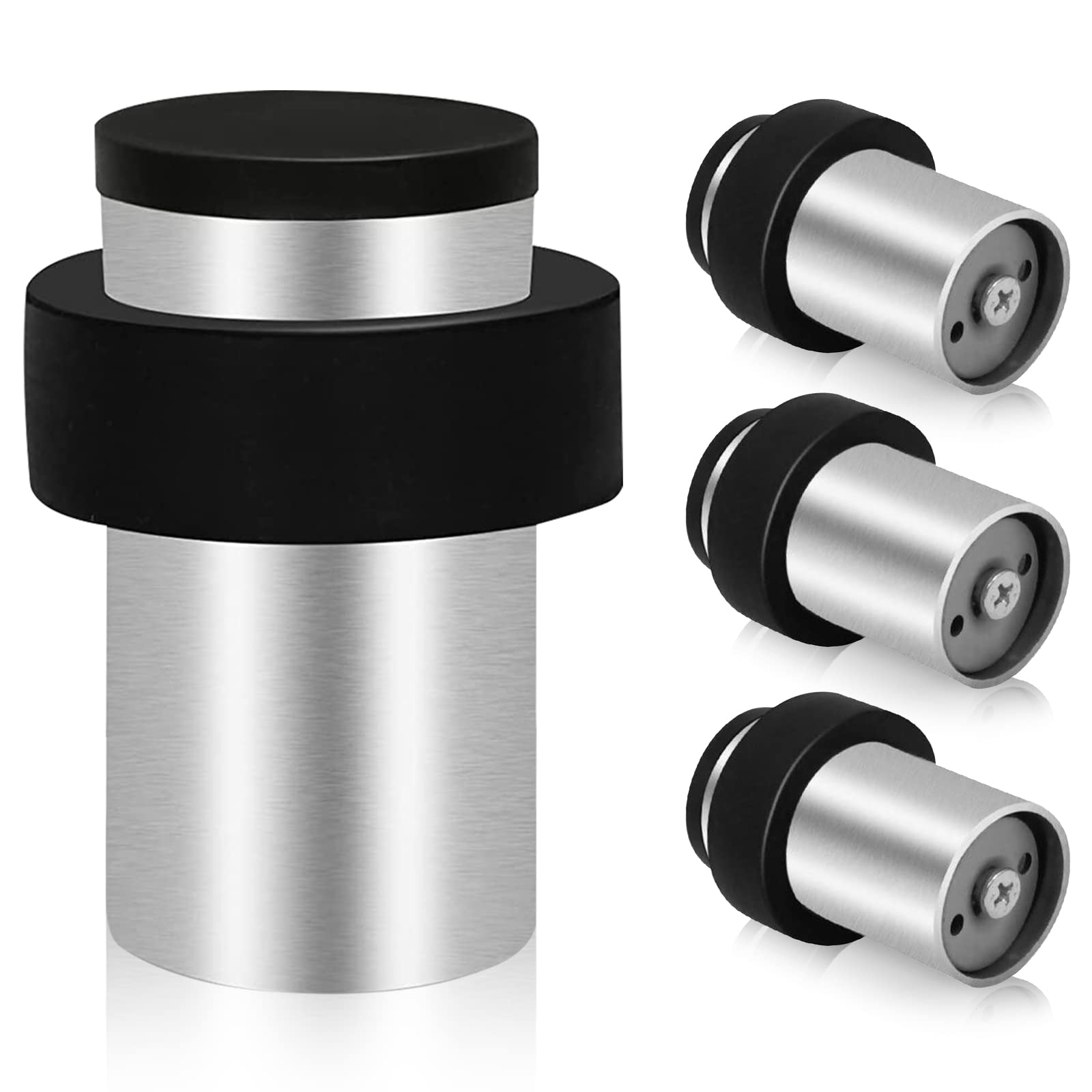 TOKPLNU Door Stops, 4 Pack Floor Mounted Door Stop Stainless Steel Heavy Duty Floor Wall Door Stoppers for Skirtings, Modern Tall Outdoor Doorstop with Sound Dampening Rubber Tip & Ring, 64mm, Silver — image 1