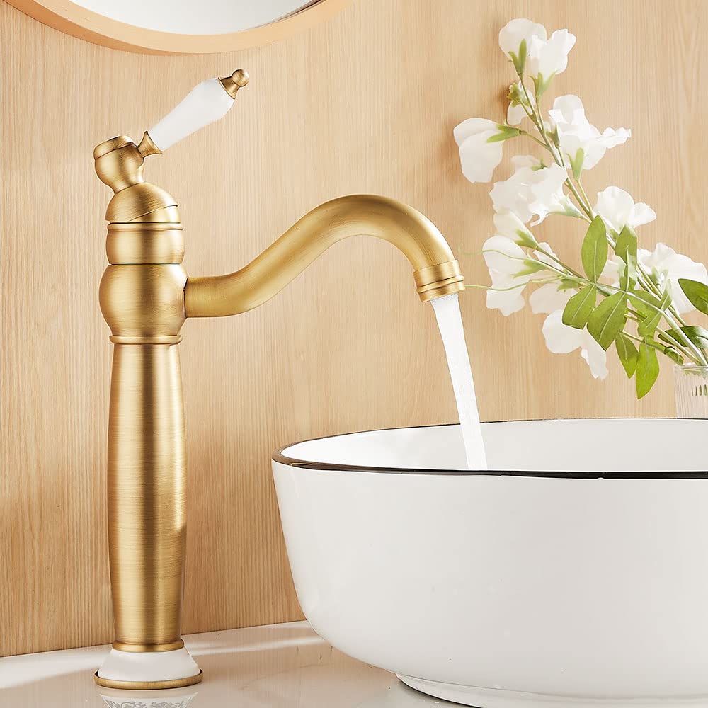 Maynosi Bathroom Basin Mixer Taps, High Rise Sink Tap for Countertop Basin, Traditional Tall Faucet with Ceramic Lever, Cloakroom Classic Tap, 360° Swivel Spout, Retro Style, Antique Brass
