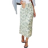 HERBATOMIA Women’s Floral Print Midi Skirt Casual High Elastic Waist Zipper Vintage Long Boho Skirts for Women