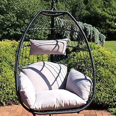 Sunnydaze Oliver Hanging Egg Chair with Seat Cushions - Bohemian Black Resin Wicker Hanging Chair with Collapsible Nylon… 61MtocM3VnL