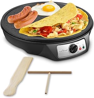 Nonstick 12-Inch Electric Crepe Maker - Aluminum Griddle Hot Plate Cooktop With Adjustable Temperature Control And LED Indicator Light, Includes Wooden Spatula And Batter Spreader - NutriChef