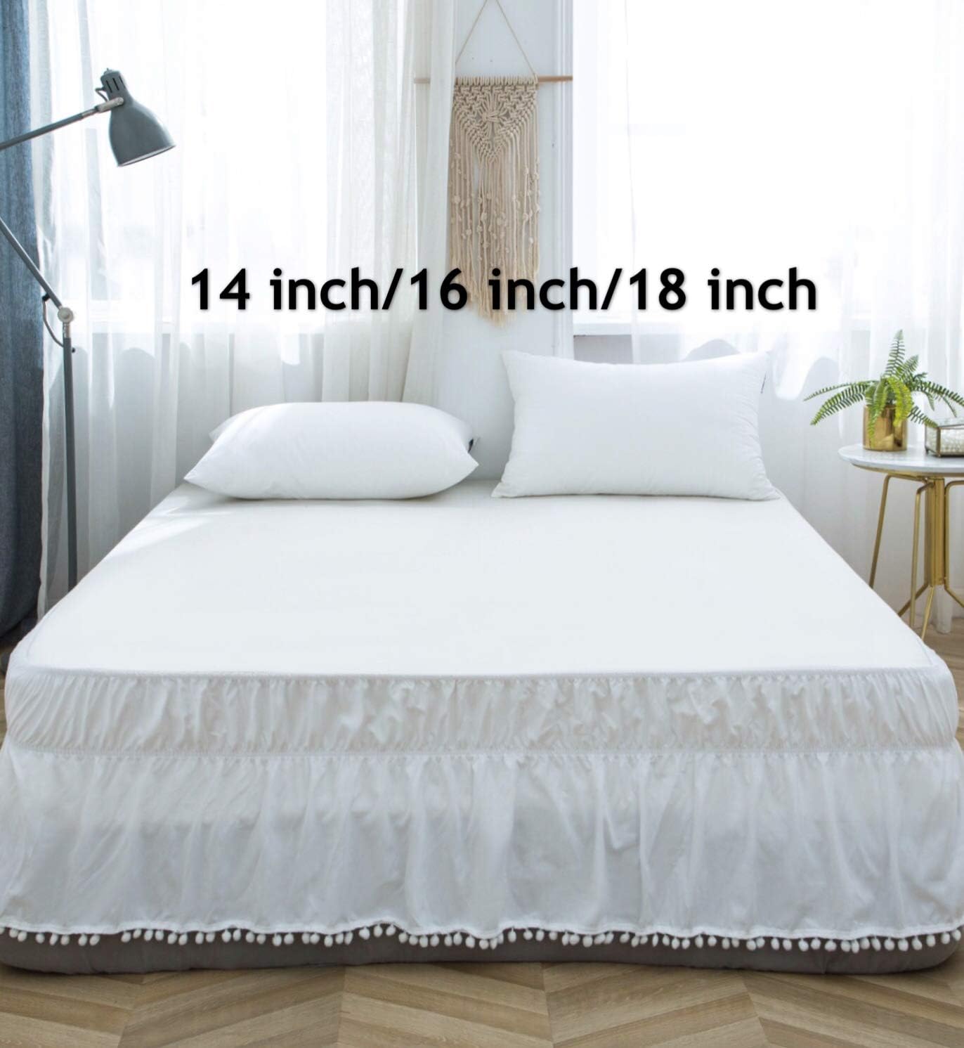 AYASW Bed Skirt 16 Inch Drop Pom Fringe Dust Ruffle Three Fabric Sides Wrap Around Brushed Microfiber Adjustable Elastic (Queen/King, Pompom White)