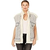 [BLANKNYC] womens Light Wash Denim Trucker Vest W/Faux Sherpa Detail in Snow Bank
