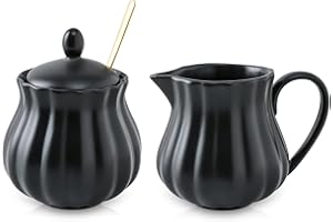 Selamica Ceramic Sugar and Creamer Set, 7.5 oz Sugar Bowl with Lid Spoon, Tea or Coffee Serving Set with Cream Pitcher, Dishwasher Safe, Set of 3, Matte Black