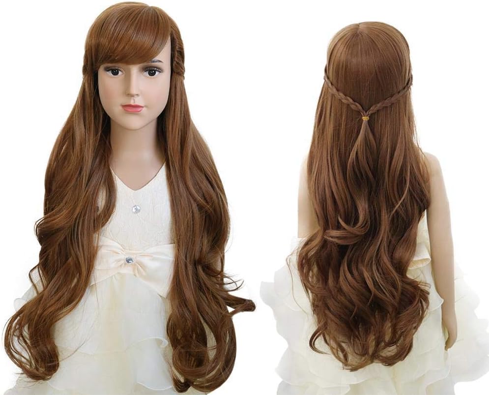 FOR Anna Princess Heat Resistant Synthetic Wigs Cosplay Anime Movie For Frozen 2 Long Curly Wavy Wig for Girls Halloween Costumes Party Braided Hair(Children's)