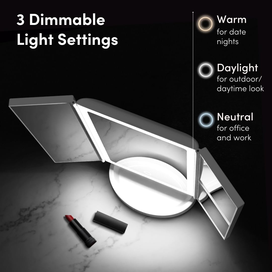 Fancii LED Lighted Vanity Makeup Mirror, Rechargeable Trifold Mirror with 5X & 10x Magnifications - 68 Dimmable Natural Lights, Touch Screen, Best Adjustable Make Up Mirror with Cosmetic Stand