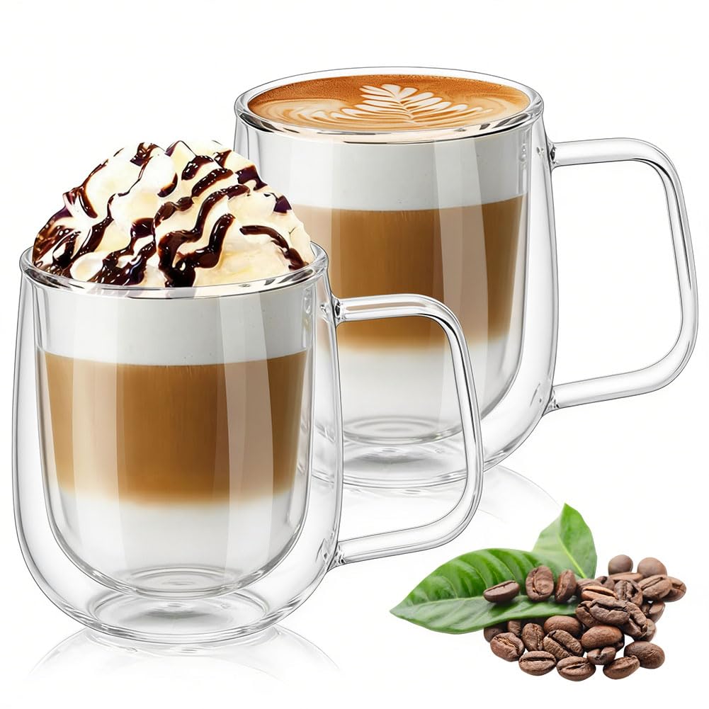 Vicloon 2x250ml Double Walled Coffee Glasses Mug, Borosilicate Heat Resistant Glass Cups with Handle, Cappuccino Latte Macchiato Glasses Cups, Coffee Cup for Coffee Tea Milk Juice Ice Cream