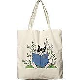 Dlzdn Cat Tote Bag Aesthetic Cute Tuxedo Cat Book Reusable Shopping Grocery Bag Beach Bag Birthday Christmas Gifts for Women Teacher