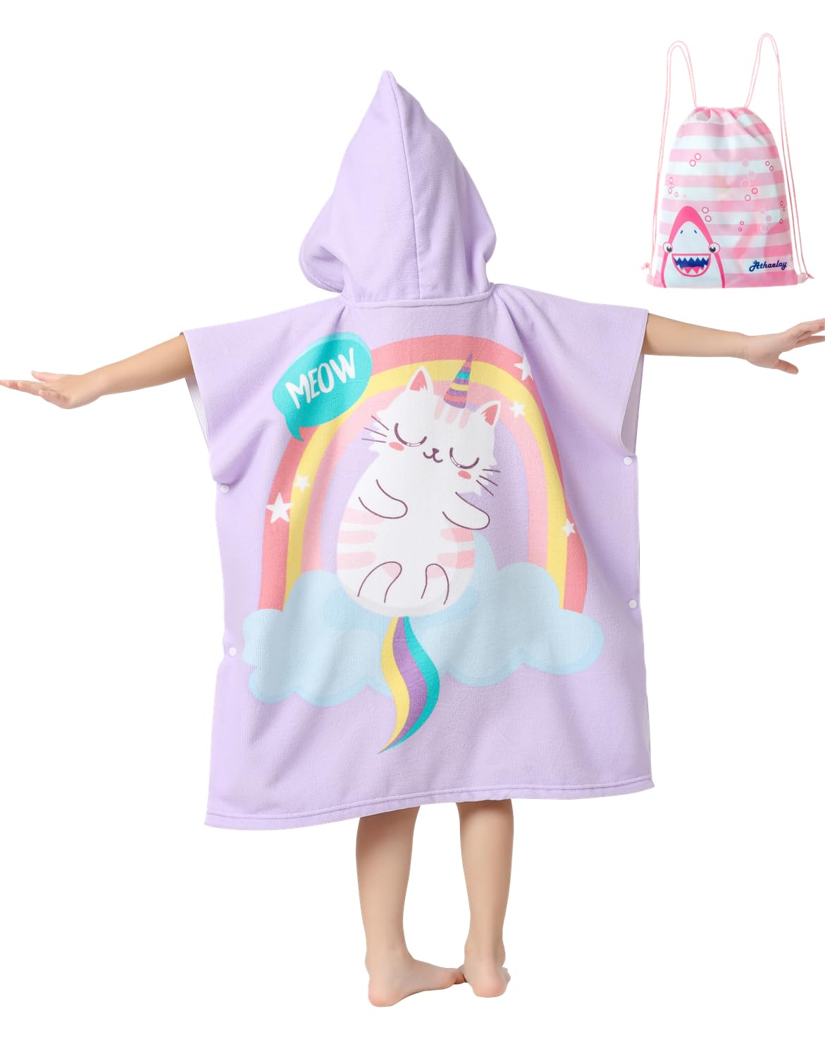 Athaelay Soft Microfiber Swim Cover-ups for 3 to 10 Years Old Kids Hooded Bath Beach Poncho Towels (Cat, Fits 3-10 Years)