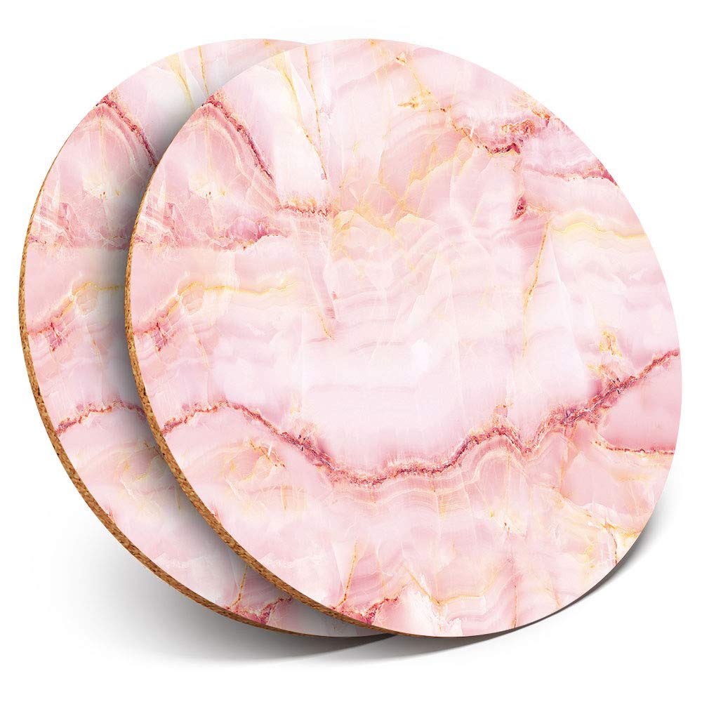 2 x Round Coasters - Pink Marble Stone Agate Fun - Cork Backed Home Kitchen Accessory Tea Coffee Mug Mat #2726
