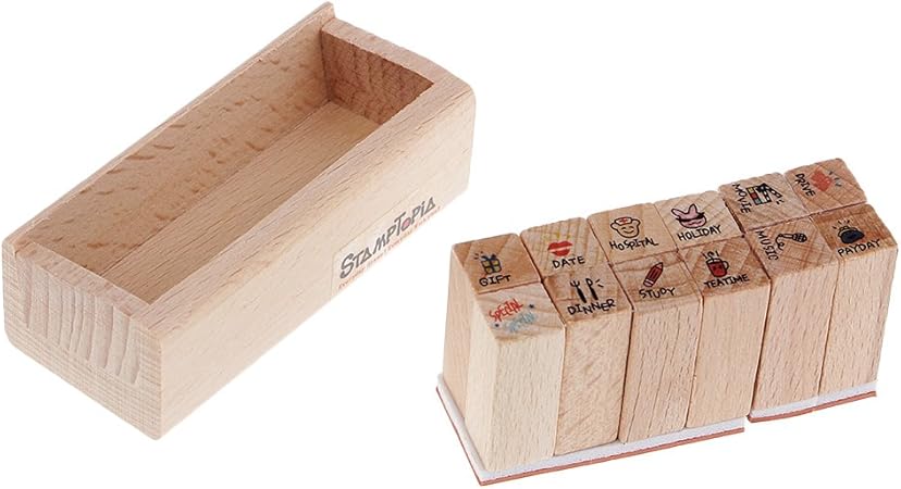 Amazon ゴム印 スタンプ マンガ ハンコ かわいい 曜日 天気イラスト 全４種類 12個セット 木の色 Cタイプ スタンプ おもちゃ