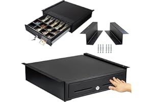 Volcora Manual Push Open Cash Register Drawer with Under Counter Mounting Metal Bracket - 16" Black Front Touch Panel Cash Drawer for POS, Partial Removable 5 Bill 8 Coin Tray, Key-Lock