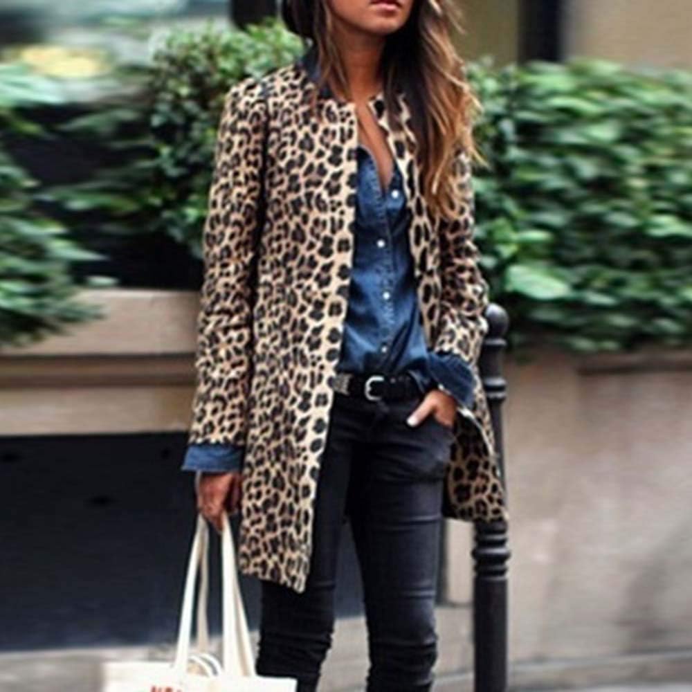 Clothing Women Coat Long Leopard Print 