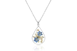 Desnuage Forget Me Not Handmade Pressed Flower Pendant Necklace Silver Flower Teardrop Necklace for Women Forget Me Not Gifts
