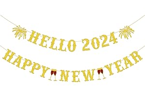 Gifloon Gold Glitter Hello 2024 Happy New Year Banner, Large New Year Banner for Happy New Year Decorations 2024, New Year Eve Banner Party Supplies 2024