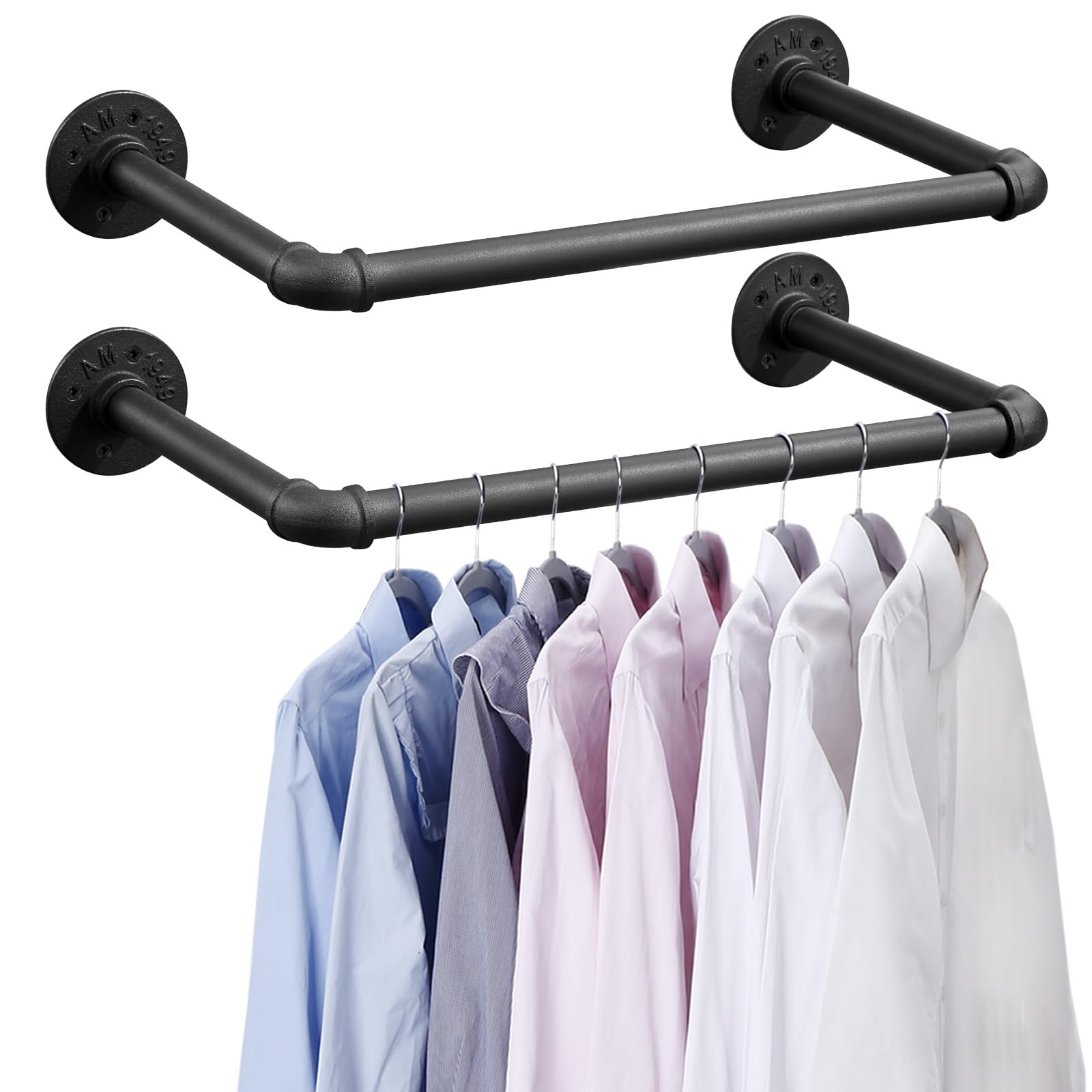 Photo 1 of BOSHANGJIA Industrial Pipe Clothes Rack Set of 2, 21” Heavy Duty Wall Mounted Clothing Rack Multi-Purpose Garment Bar, Space-Saving Hanging Rod for Laundry Room,Closet Storage