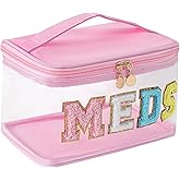 Large Waterproof Chenille Letter Medicine Clear Makeup Bag, Transparent PVC Nylon Preppy Patch Cosmetic Bag with Handle, Portable Meds First Aid Travel Organizer Cosmetic Bag (04MEDS-Light Pink)