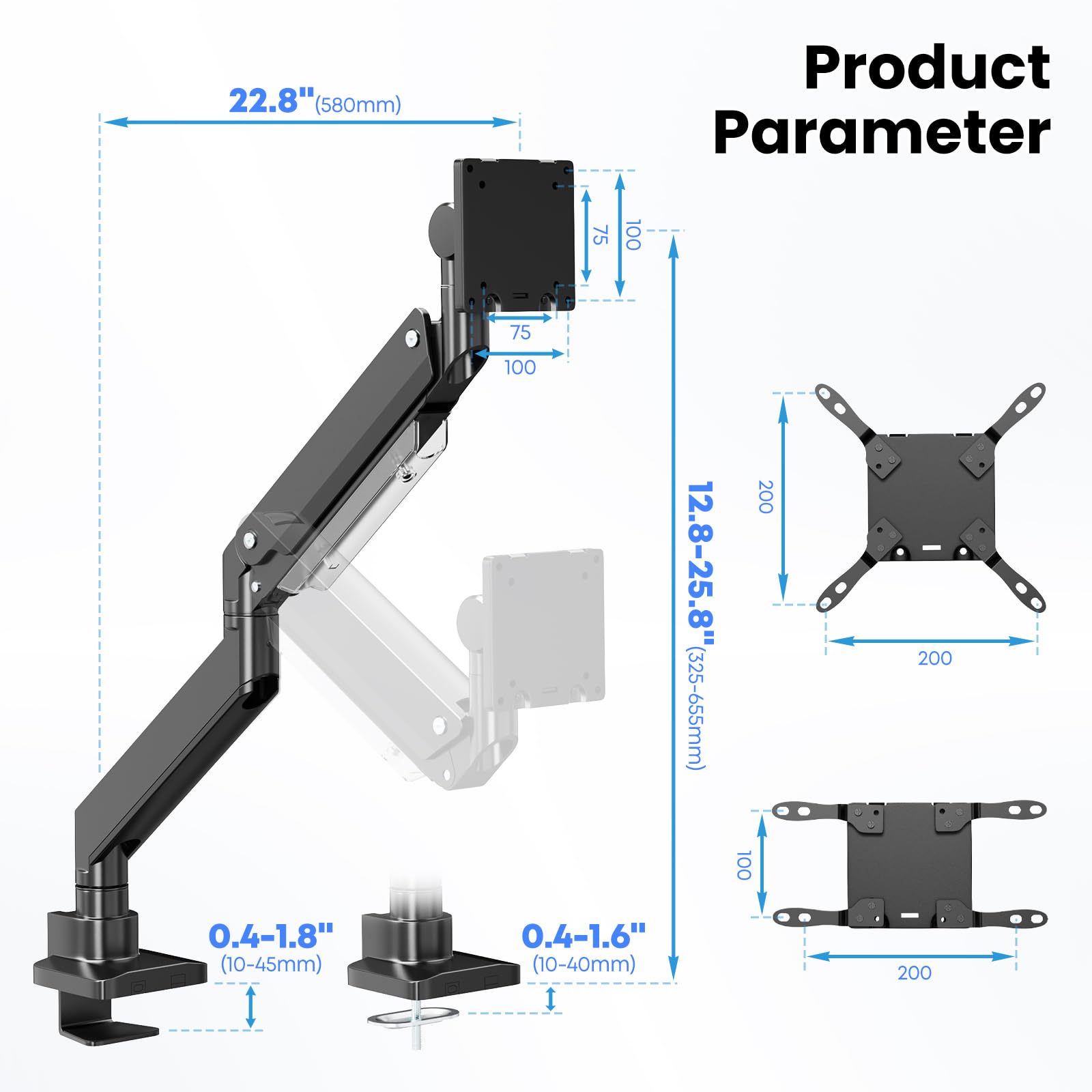 PUTORSEN 17-57 Zoll Monitor Halterung 1 Monitor, für Fernseher & Monitor bis 27 kg, Premium Aluminium Monitor Tischhalterung mit Gasfeder, Verstärkungsplatte, VESA Max bis 200x200 9